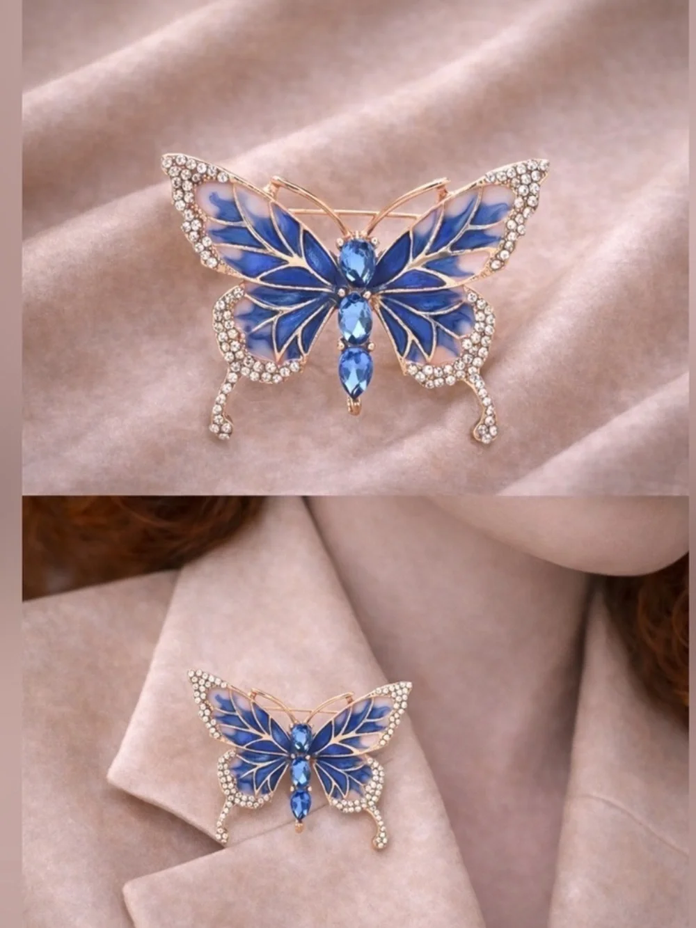 Blue Enamel & Crystal Butterfly Brooch